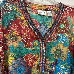 Chico's Red and Blue Graphic Long Sleeve Blouse